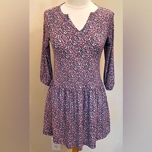Banana Republic Petite Blue Pink Ditsy Floral Print Long Sleeve Mini Dress  XXS
